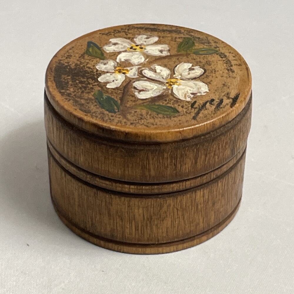 Vintage Trinket Jewelry Box‎ Small Wood Round Hand Painted Floral Boho Rustic